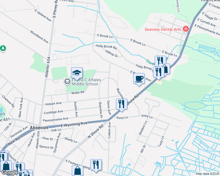 map of restaurants, bars, coffee shops, grocery stores, and more near 111 Bayview Drive in Absecon
