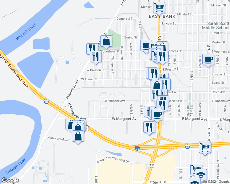 map of restaurants, bars, coffee shops, grocery stores, and more near 2800 Thompson Street in Terre Haute