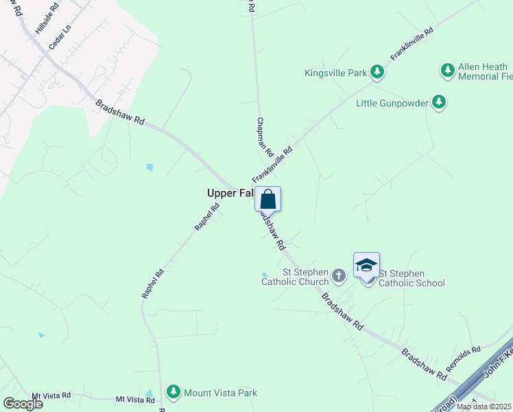 map of restaurants, bars, coffee shops, grocery stores, and more near 7821 Bradshaw Road in Upper Falls