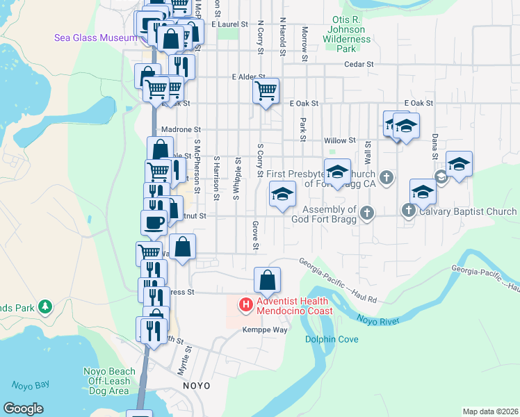map of restaurants, bars, coffee shops, grocery stores, and more near 535 East Chestnut Street in Fort Bragg