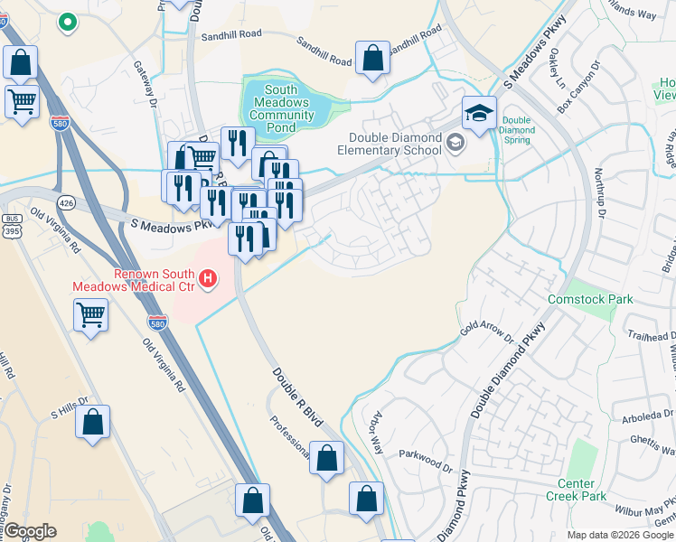 map of restaurants, bars, coffee shops, grocery stores, and more near 900 South Meadows Parkway in Reno