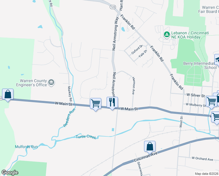 map of restaurants, bars, coffee shops, grocery stores, and more near 100 Rough Way in Lebanon