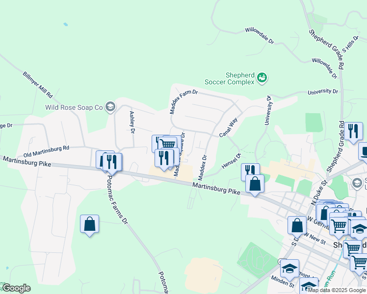 map of restaurants, bars, coffee shops, grocery stores, and more near 164 Maddex Square Drive in Shepherdstown