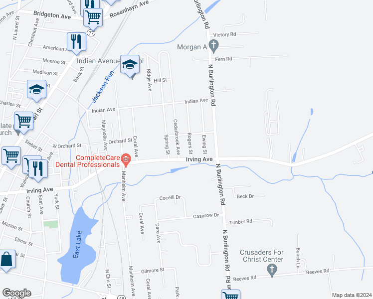 map of restaurants, bars, coffee shops, grocery stores, and more near 24 Rogers Street in Bridgeton