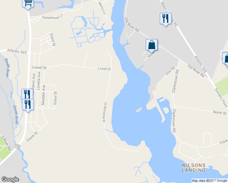 map of restaurants, bars, coffee shops, grocery stores, and more near 1119 West Riverside Drive in Atlantic County