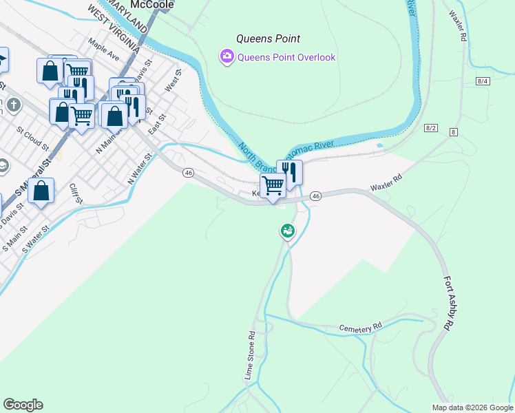 map of restaurants, bars, coffee shops, grocery stores, and more near 600 Armstrong Street in Keyser