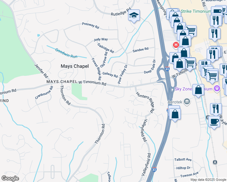 map of restaurants, bars, coffee shops, grocery stores, and more near 301 West Timonium Road in Lutherville-Timonium