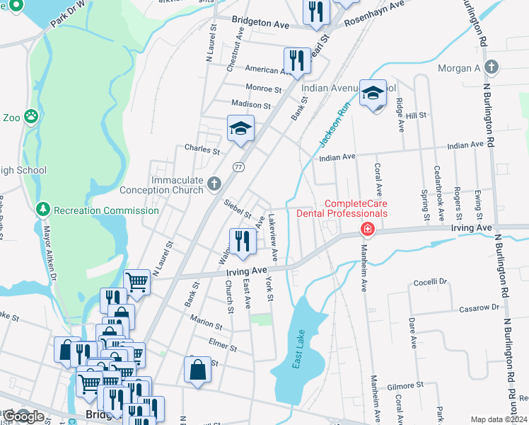 map of restaurants, bars, coffee shops, grocery stores, and more near 521 East Avenue in Bridgeton