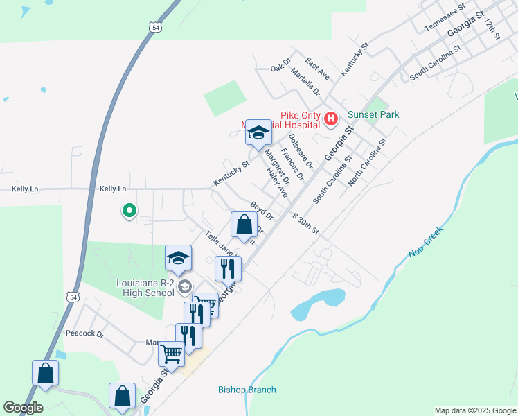 map of restaurants, bars, coffee shops, grocery stores, and more near 206 Boyd Drive in Louisiana