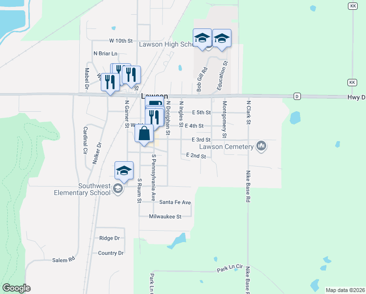 map of restaurants, bars, coffee shops, grocery stores, and more near 210 North Ingles Street in Lawson