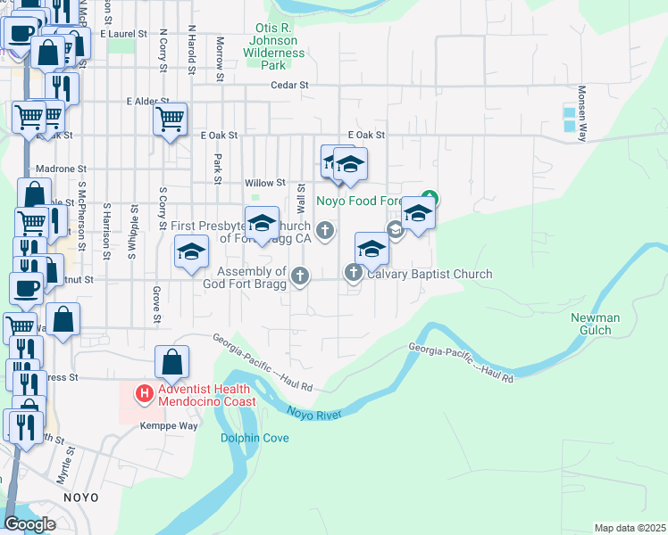 map of restaurants, bars, coffee shops, grocery stores, and more near 1109 East Chestnut Street in Fort Bragg