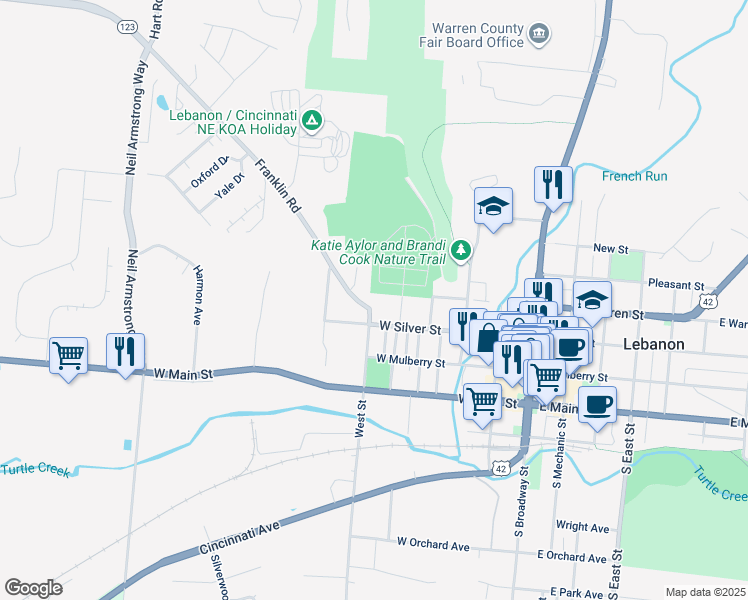 map of restaurants, bars, coffee shops, grocery stores, and more near 514 West Silver Street in Lebanon