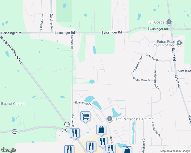 map of restaurants, bars, coffee shops, grocery stores, and more near 173 Weeping Oak Drive in Hamilton