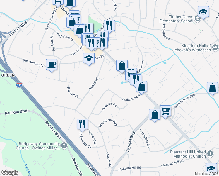 map of restaurants, bars, coffee shops, grocery stores, and more near 44 Cedarmere Road in Owings Mills