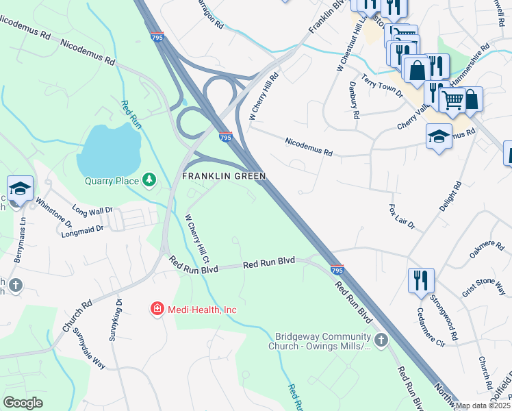map of restaurants, bars, coffee shops, grocery stores, and more near 11600 Amaralles Drive in Reisterstown