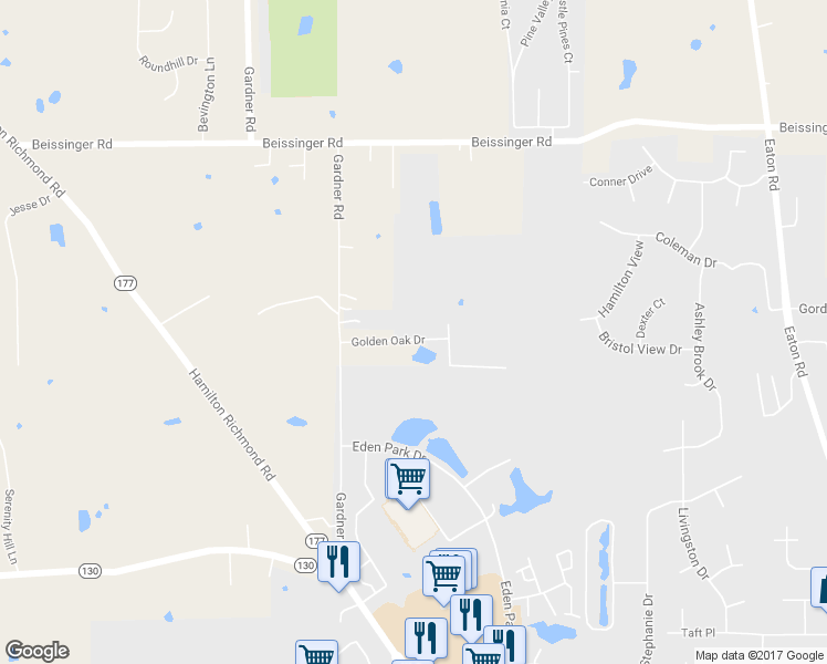 map of restaurants, bars, coffee shops, grocery stores, and more near 1044 Golden Oak Drive in Hamilton