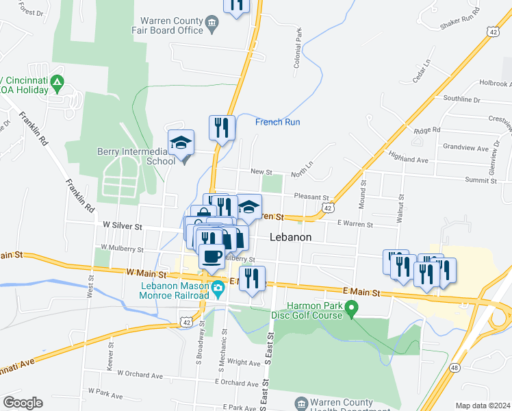 map of restaurants, bars, coffee shops, grocery stores, and more near 213 North Cherry Street in Lebanon