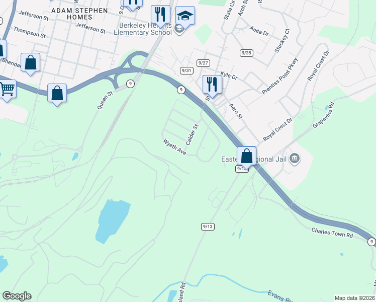 map of restaurants, bars, coffee shops, grocery stores, and more near 161 Calder Street in Martinsburg