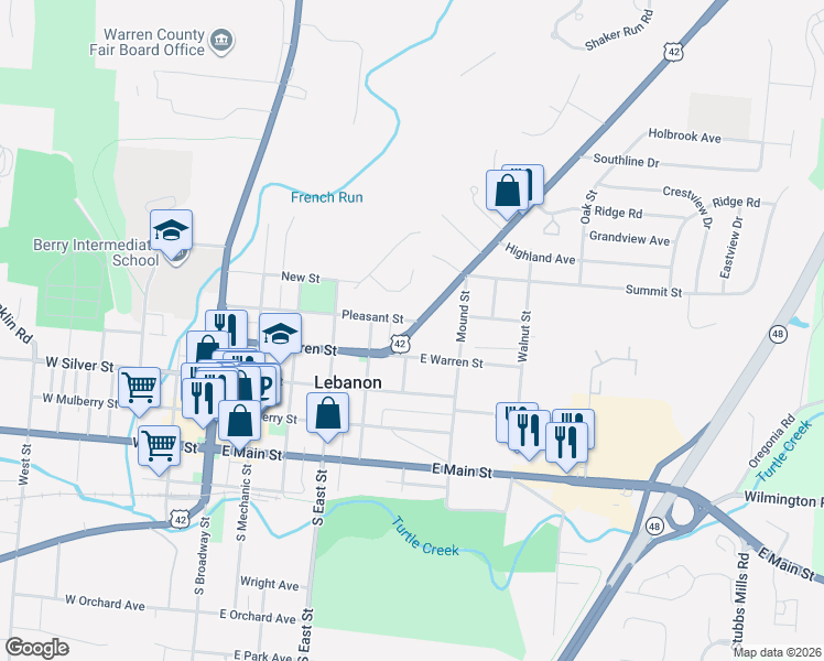 map of restaurants, bars, coffee shops, grocery stores, and more near 221 Columbus Avenue in Lebanon