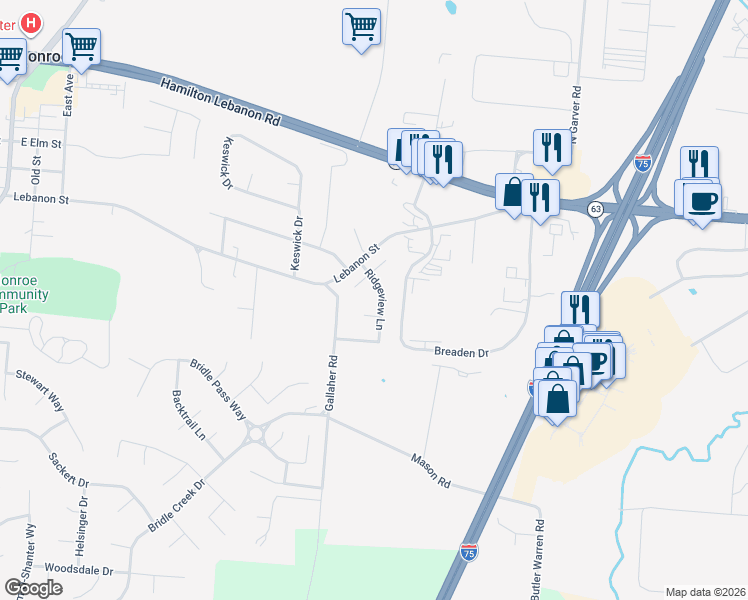 map of restaurants, bars, coffee shops, grocery stores, and more near 690 Jonah Court in Monroe