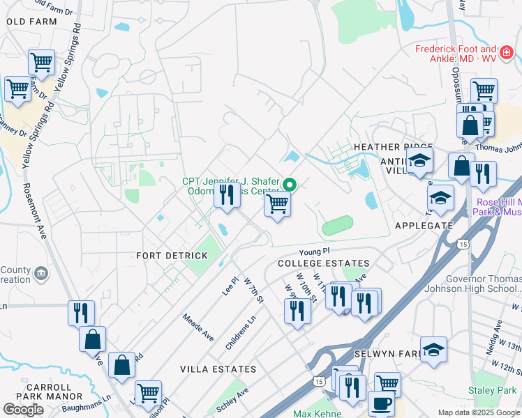 map of restaurants, bars, coffee shops, grocery stores, and more near Porter Street in Frederick