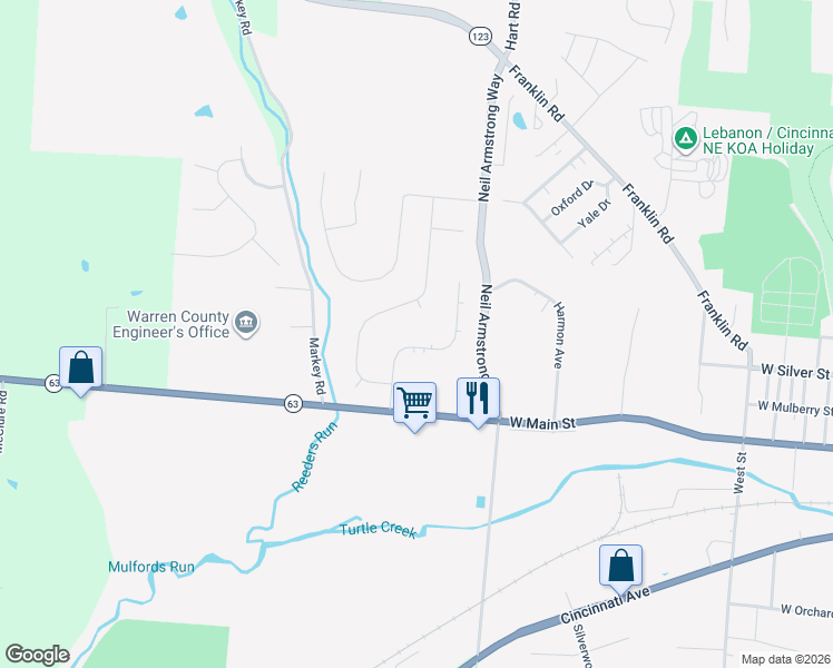 map of restaurants, bars, coffee shops, grocery stores, and more near 91 Rough Way in Lebanon
