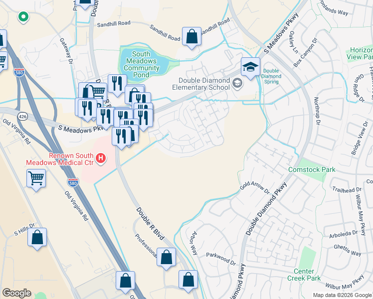 map of restaurants, bars, coffee shops, grocery stores, and more near 900 South Meadows Parkway in Reno