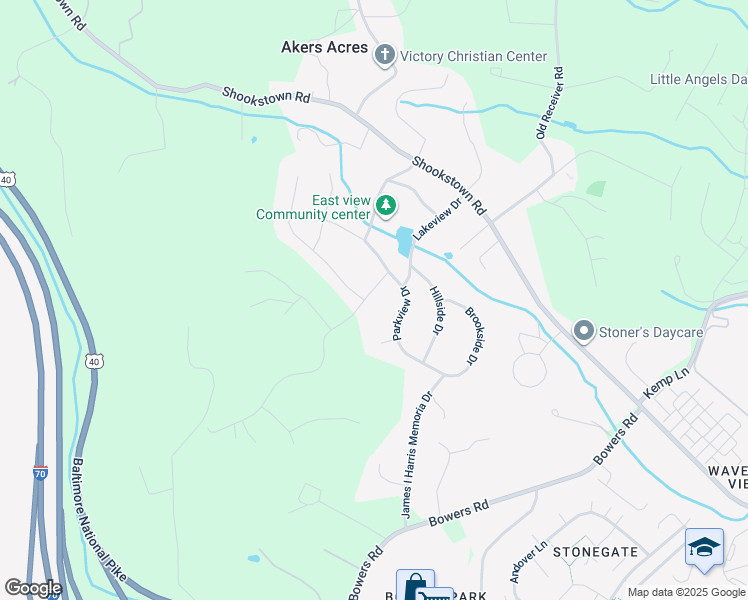 map of restaurants, bars, coffee shops, grocery stores, and more near 7405 Hilltop Drive in Frederick