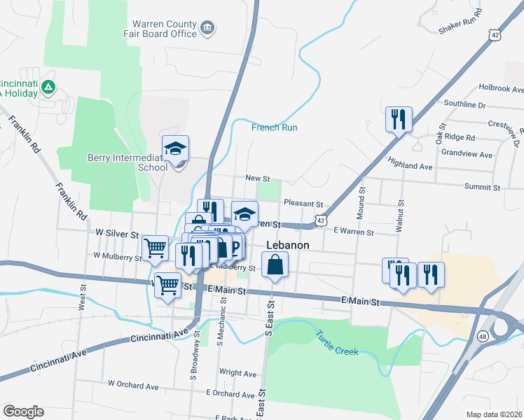 map of restaurants, bars, coffee shops, grocery stores, and more near 222 East Warren Street in Lebanon