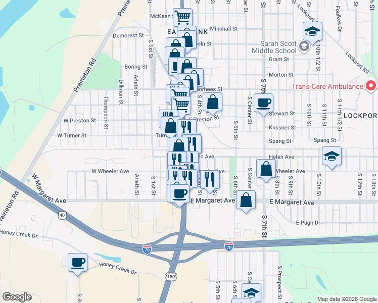 map of restaurants, bars, coffee shops, grocery stores, and more near 301-399 Helen Avenue in Terre Haute
