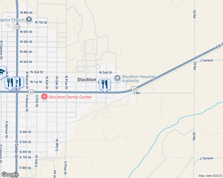 map of restaurants, bars, coffee shops, grocery stores, and more near 1307 Main Street in Stockton