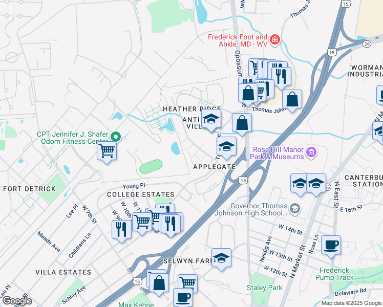 map of restaurants, bars, coffee shops, grocery stores, and more near 1490 Heather Ridge Court in Frederick
