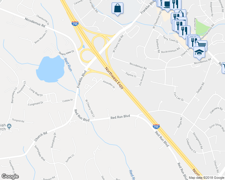 map of restaurants, bars, coffee shops, grocery stores, and more near 11607 Amaralles Drive in Reisterstown
