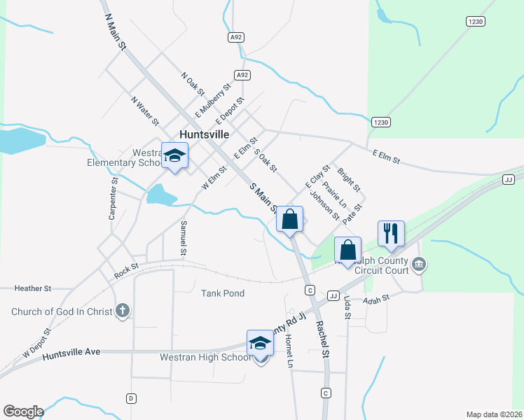 map of restaurants, bars, coffee shops, grocery stores, and more near 108 Clay Street in Huntsville