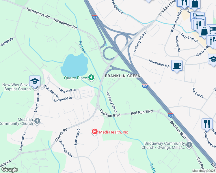 map of restaurants, bars, coffee shops, grocery stores, and more near 305 Cherrystone Court in Reisterstown