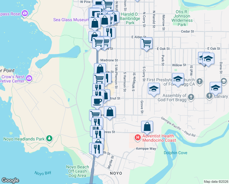map of restaurants, bars, coffee shops, grocery stores, and more near 459 South McPherson Street in Fort Bragg