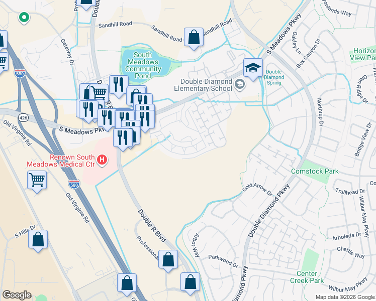 map of restaurants, bars, coffee shops, grocery stores, and more near 900 South Meadows Parkway in Reno