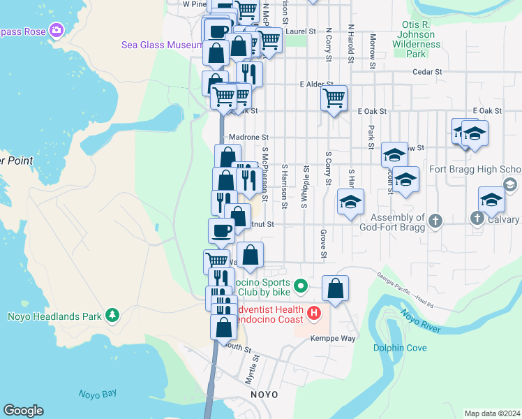 map of restaurants, bars, coffee shops, grocery stores, and more near 459 South McPherson Street in Fort Bragg