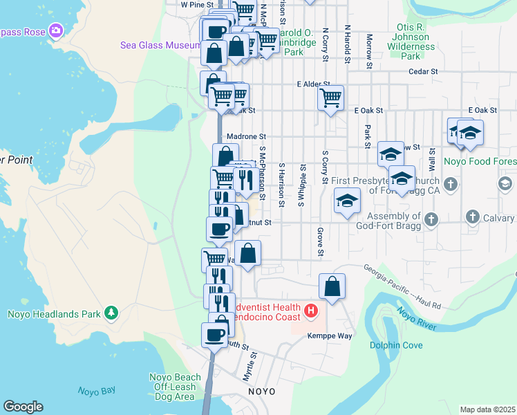 map of restaurants, bars, coffee shops, grocery stores, and more near 459 South McPherson Street in Fort Bragg