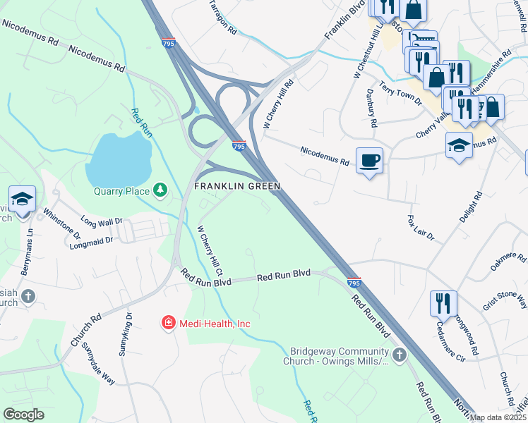 map of restaurants, bars, coffee shops, grocery stores, and more near 11607 Amaralles Drive in Reisterstown