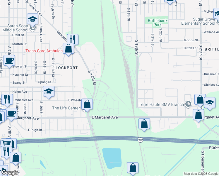 map of restaurants, bars, coffee shops, grocery stores, and more near 1671 Lockport Road in Terre Haute