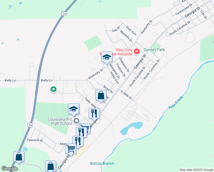 map of restaurants, bars, coffee shops, grocery stores, and more near 206 Boyd Drive in Louisiana