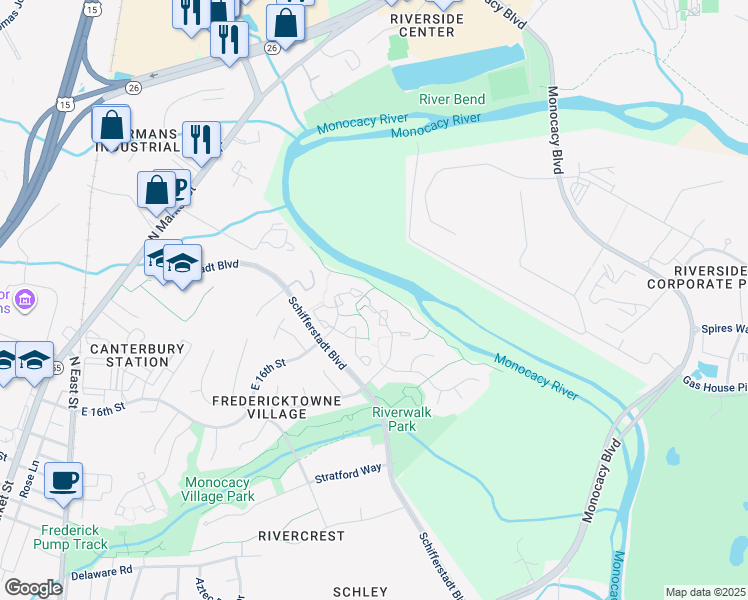 map of restaurants, bars, coffee shops, grocery stores, and more near 1572 Beverly Court in Frederick