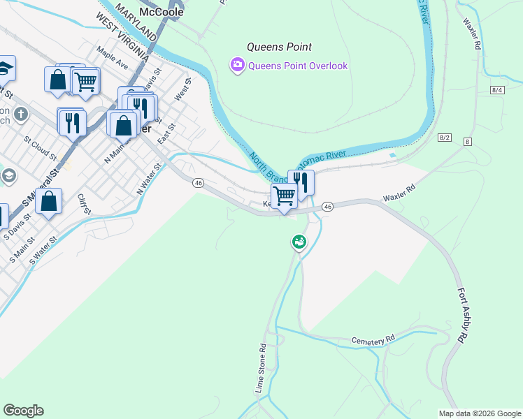 map of restaurants, bars, coffee shops, grocery stores, and more near 600 Armstrong Street in Keyser