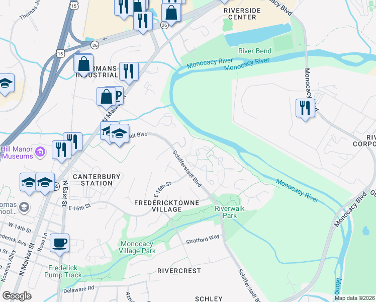 map of restaurants, bars, coffee shops, grocery stores, and more near 1603 Berry Rose Court in Frederick