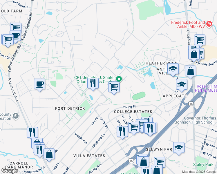 map of restaurants, bars, coffee shops, grocery stores, and more near Porter Street in Frederick