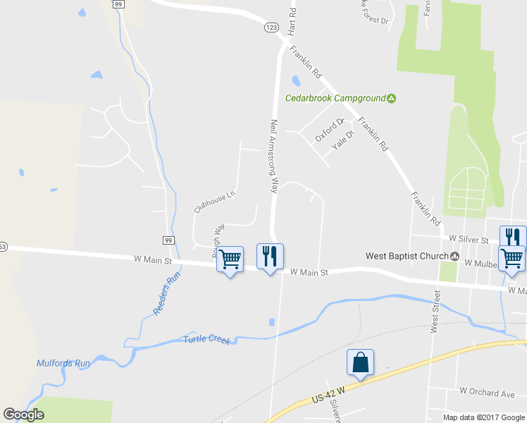 map of restaurants, bars, coffee shops, grocery stores, and more near 100 Rough Way in Lebanon