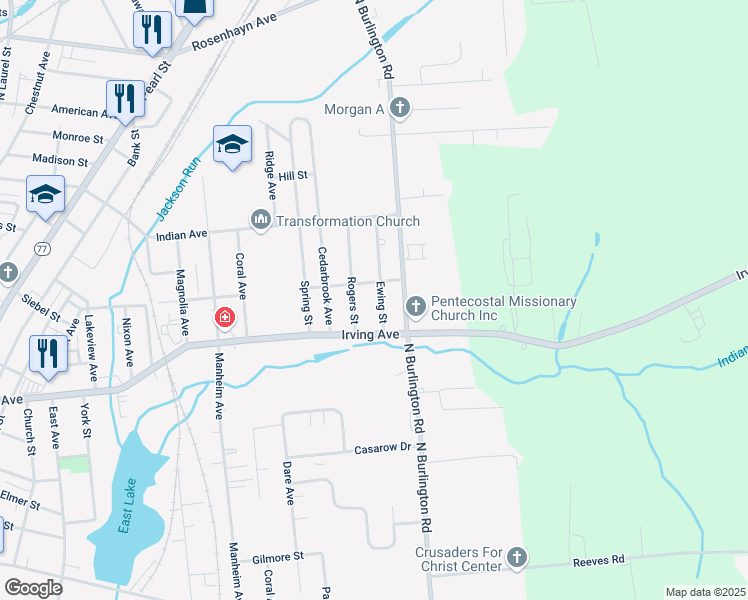 map of restaurants, bars, coffee shops, grocery stores, and more near 533 Irving Avenue in Bridgeton
