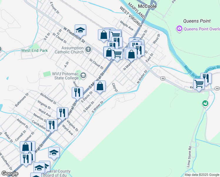 map of restaurants, bars, coffee shops, grocery stores, and more near 164 South Water Street in Keyser