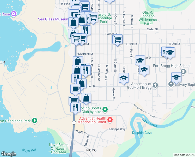 map of restaurants, bars, coffee shops, grocery stores, and more near 443 South Harrison Street in Fort Bragg